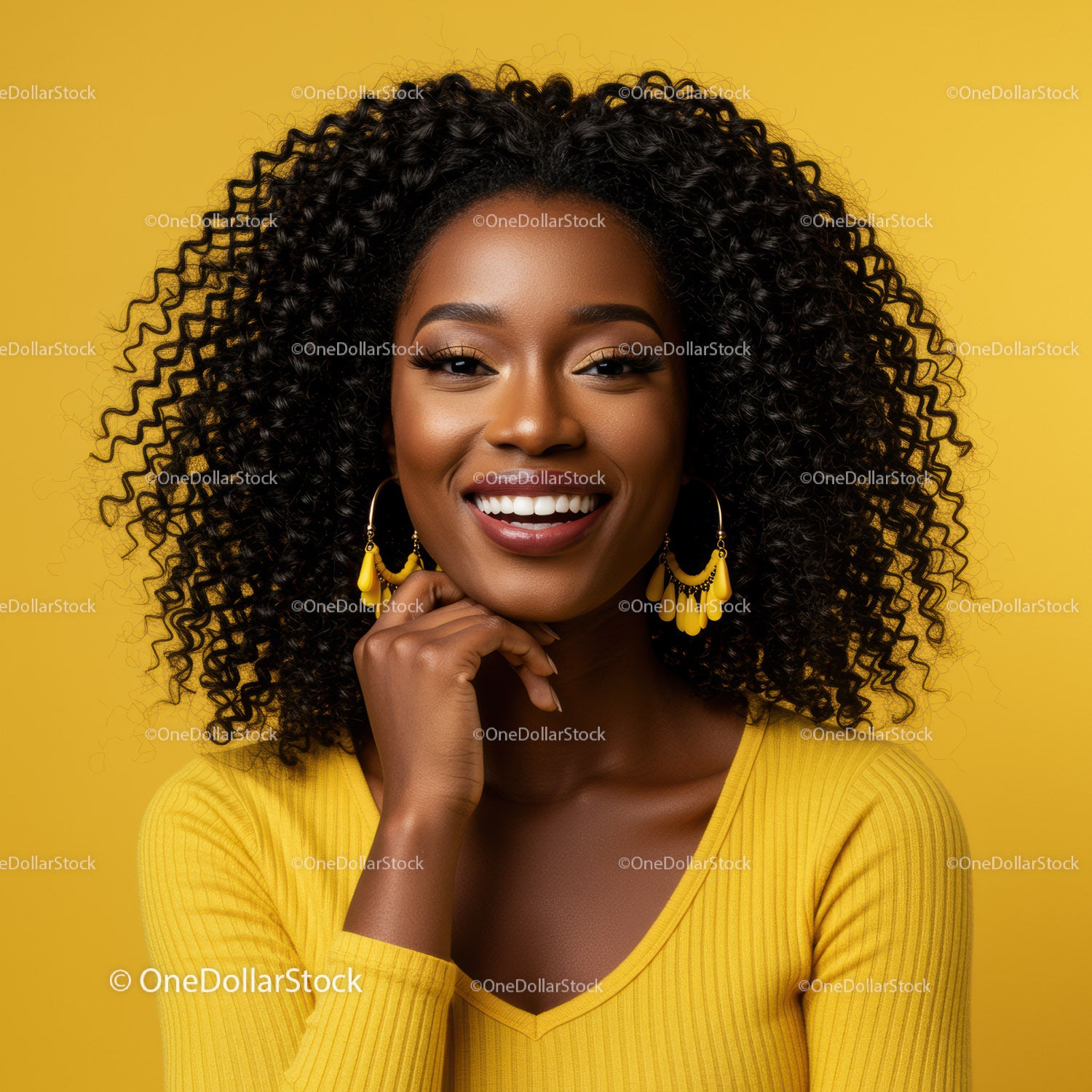 Vibrant Portrait of a Smiling Black Woman with Curly Hair in Yellow