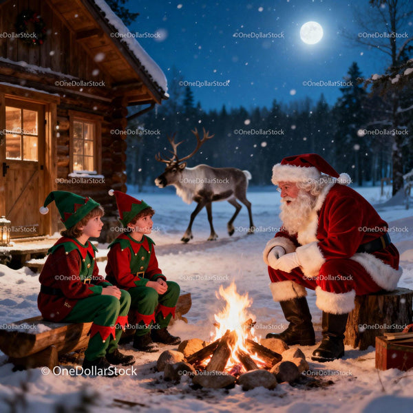 Santa Claus Sharing Stories with Elves by Campfire