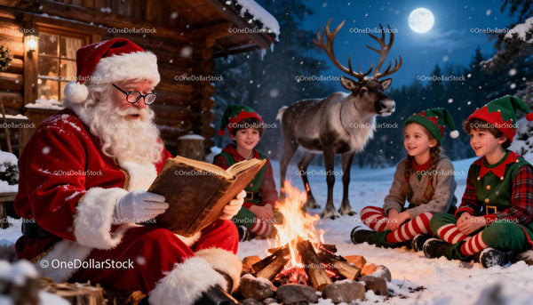 Santa Reading to Elves by Campfire on Snowy Night