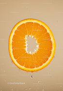 Fresh orange slice with water droplets on beige background