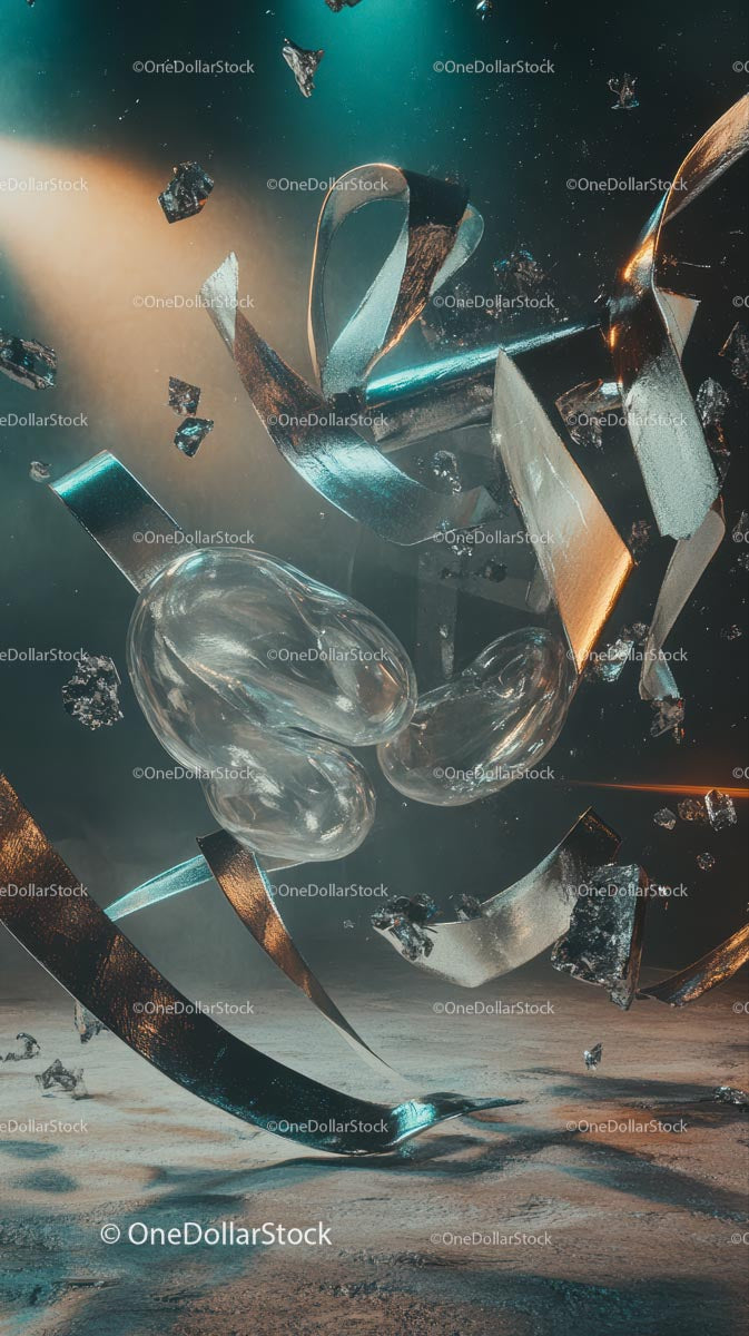 Abstract Scene of Shattered Glass and Metallic Debris in Motion