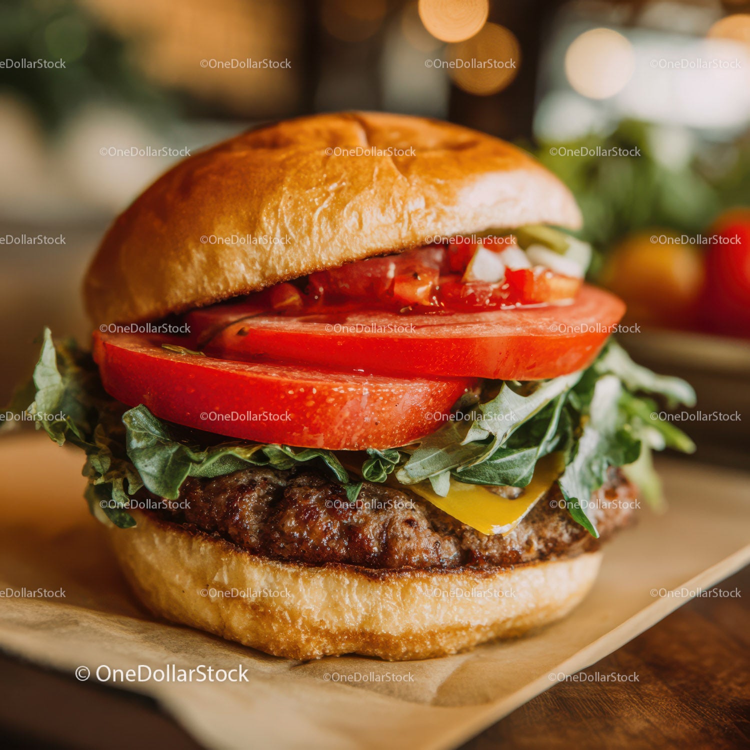 Juicy Beef Hamburger with Fresh Tomatoes Lettuce and Cheese