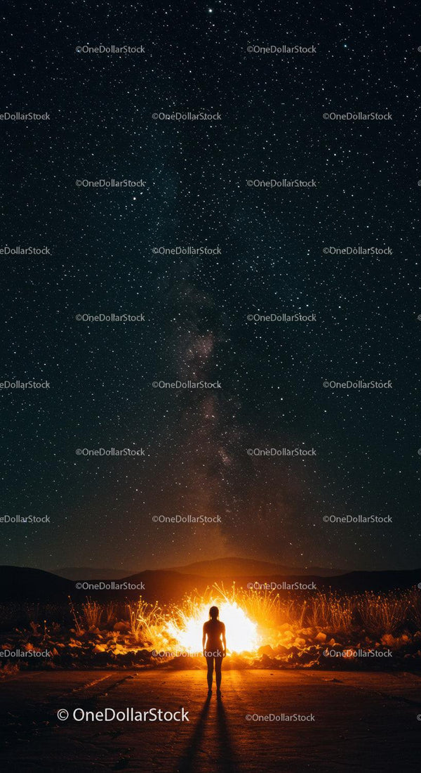 Silhouette Standing Near Campfire Under Starry Night Sky