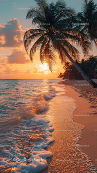 Sunset over Tropical Beach with Palm Trees and Footprints