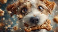 Close-Up of Playful Dog with Bone Surrounded by Water Splashes
