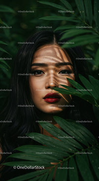 Striking Woman with Red Lips amid Lush Green Tropics