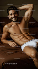 Smiling muscular man relaxing on bed in white underwear