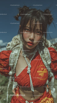 Young Woman in Red Crop Top with Backpack Outdoors on Sunny Day
