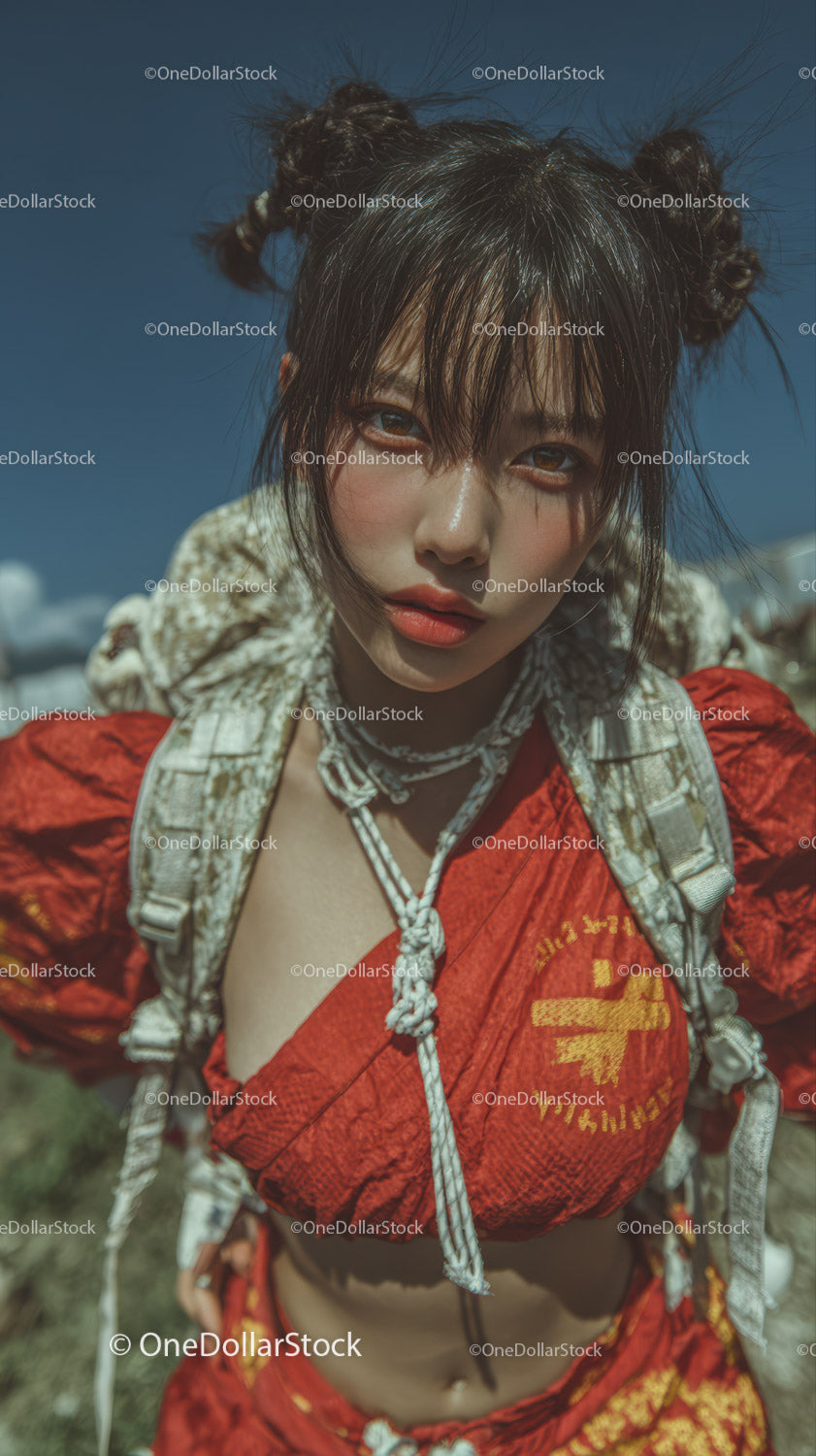 Young Woman in Red Crop Top with Backpack Outdoors on Sunny Day