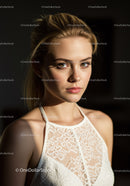 Elegant Portrait of Young Woman with Green Eyes in Lace Top