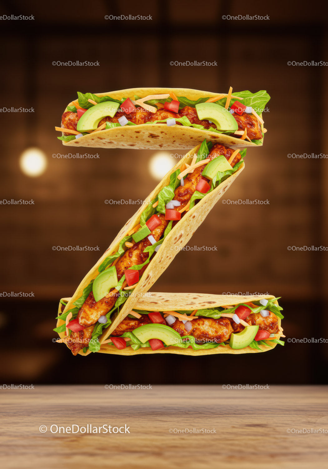 Fresh Tacos Arranged to Form Letter Z on Wooden Table