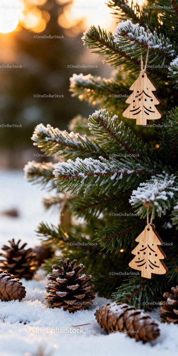 Snow-Covered Pine Branches with Wooden Tree Ornaments