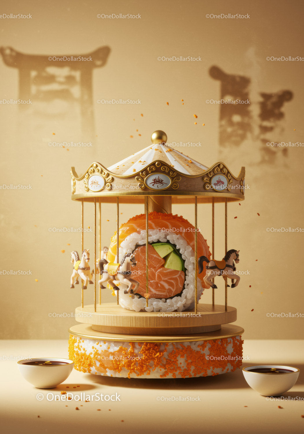 Creative sushi roll carousel with miniature horses