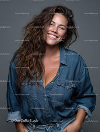 Confident Smiling Woman in Denim Shirt with Joyful Expression