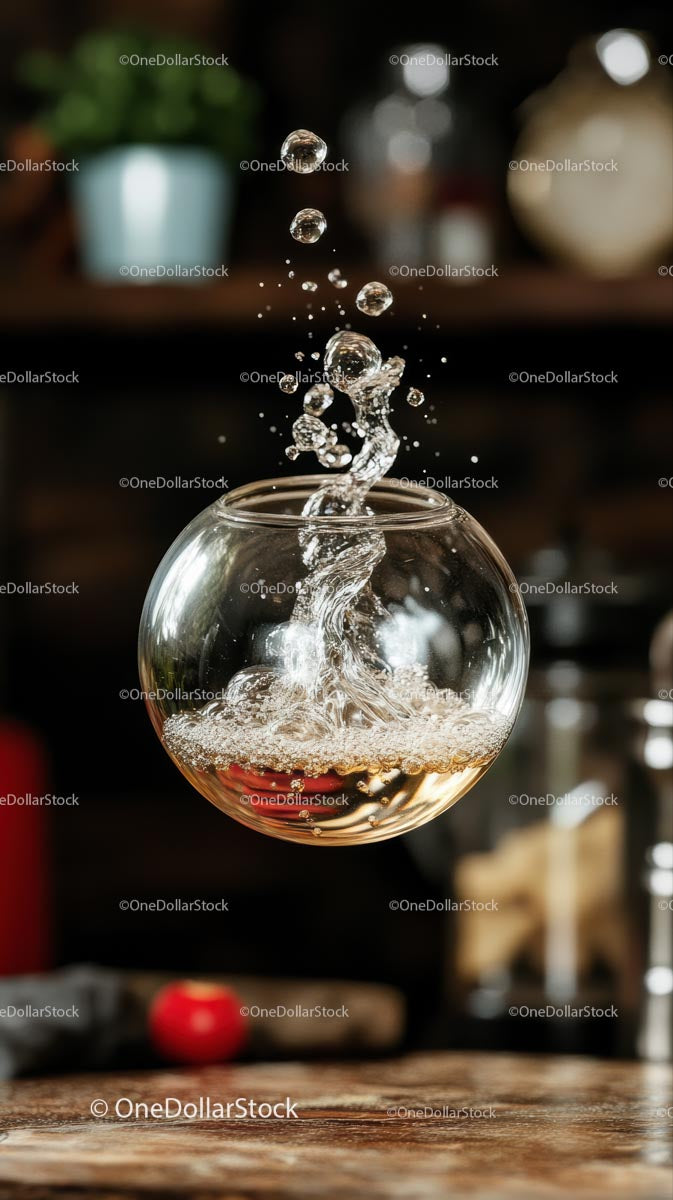 Splashing Water in Glass Bowl with Droplets and Bubble Dynamics