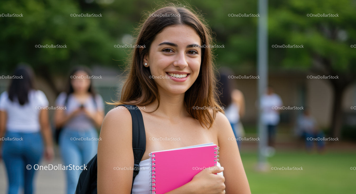 Uśmiechnięta młoda studentka trzymająca różowy notes na zewnątrz kampusu