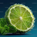 Close-Up of Fresh Lime with Mint Leaf and Water Droplets