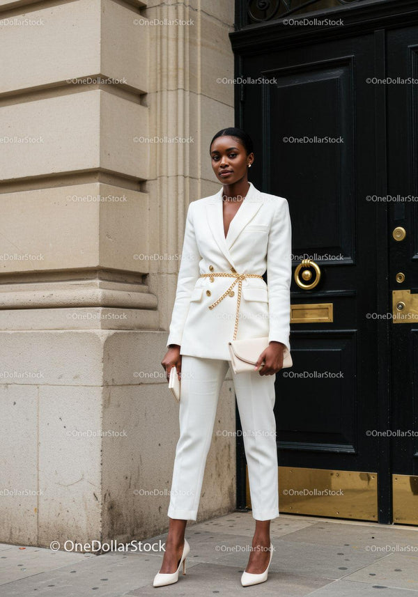 Pewna siebie kobieta w eleganckim białym garniturze na zewnątrz