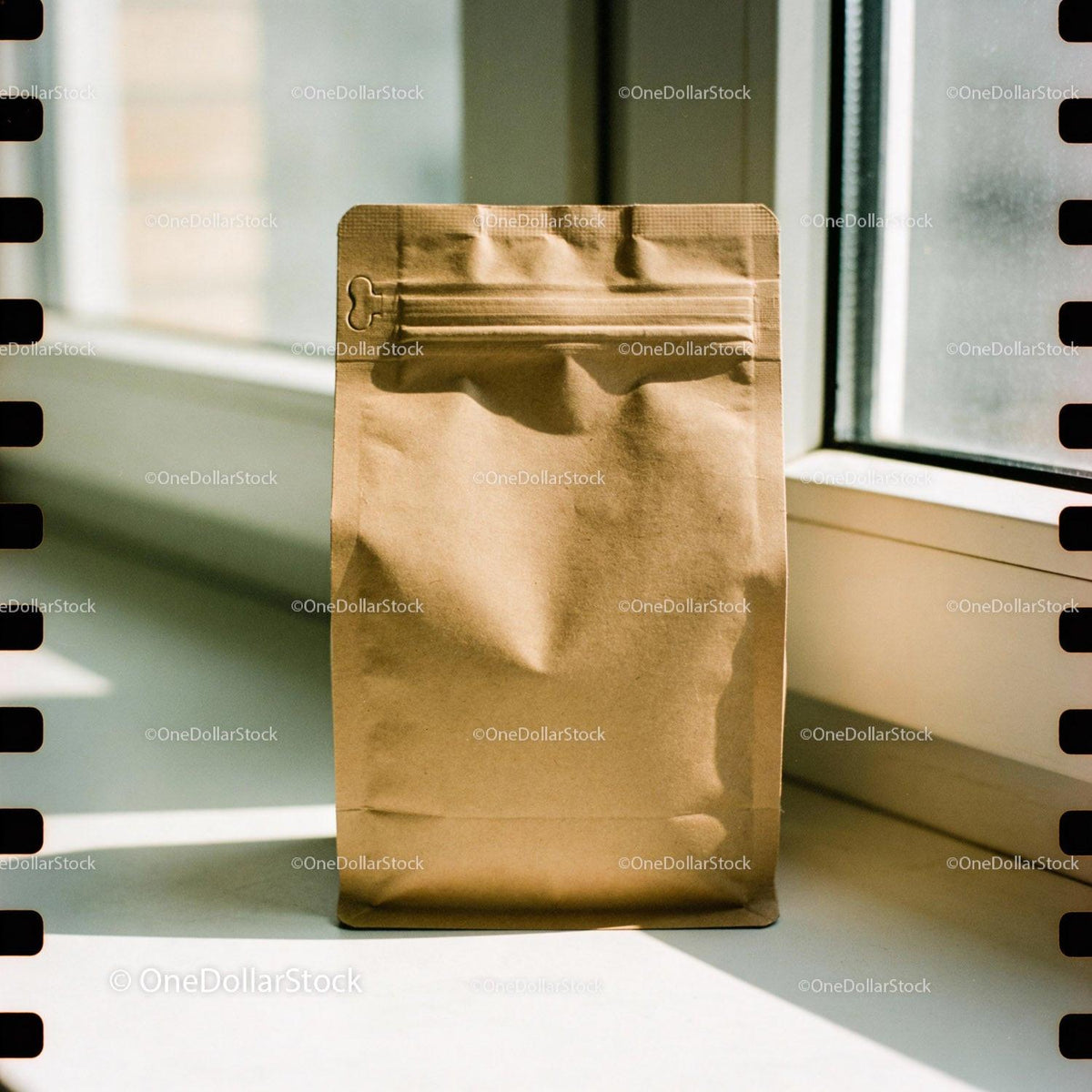 Minimalist Brown Coffee Bag on Sunlit Windowsill