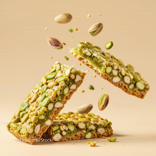 Crunchy pistachio nut bars with vibrant green topping