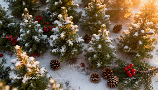 Snow-Topped Mini Evergreen Trees with Pinecones and Berries