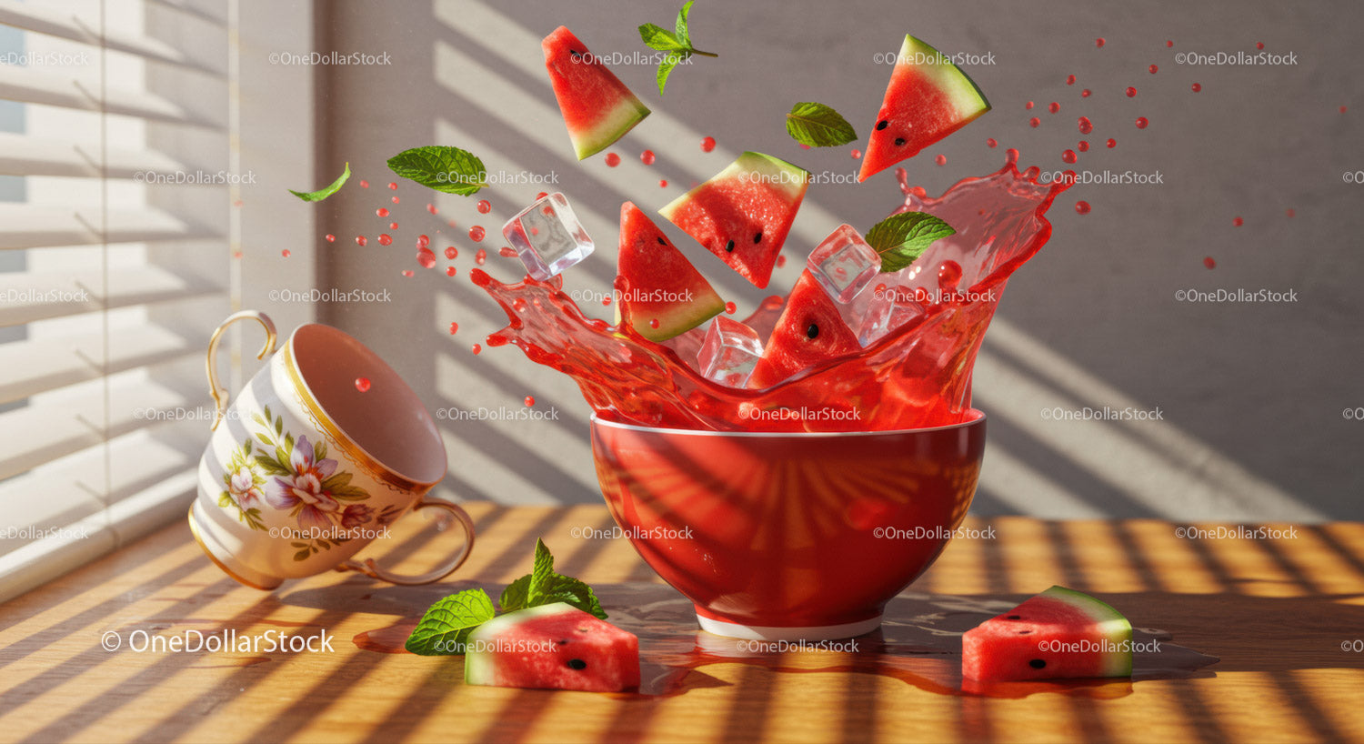 Refreshing Watermelon Splash with Ice and Mint Leaves