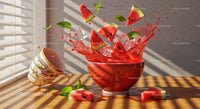 Refreshing Watermelon Splash with Ice and Mint Leaves