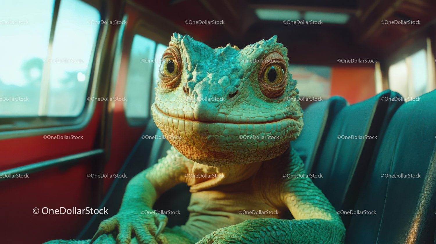 Kolorowa iguana siedząca na fotelu samochodowym w tropikalnym środowisku