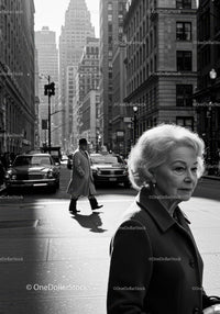Elderly Woman in Busy City Street Surrounded by Vintage Cars