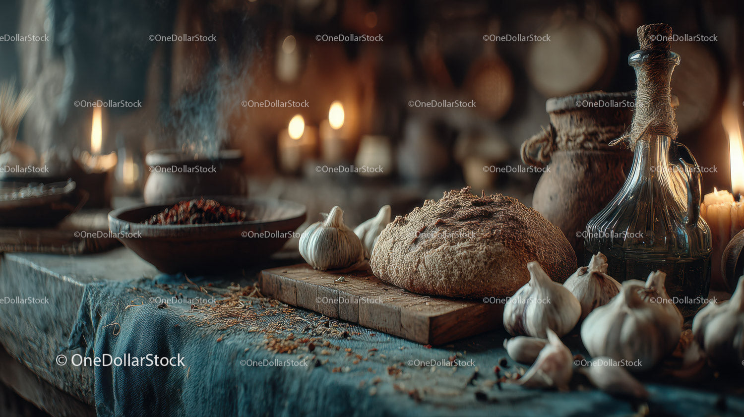 Rustic Kitchen Scene with Garlic Bulbs and Vintage Decor