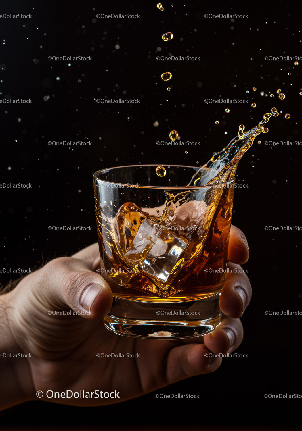 Hand Holding Whiskey Glass Splashing Ice Cubes