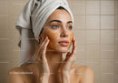 Woman Applying Face Exfoliator with Towel Wrapped Hair