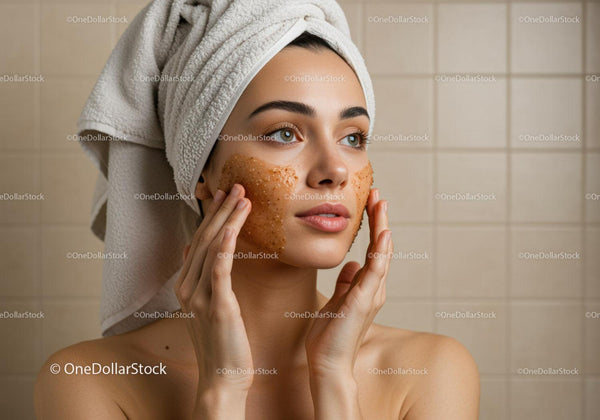 Woman Applying Face Exfoliator with Towel Wrapped Hair