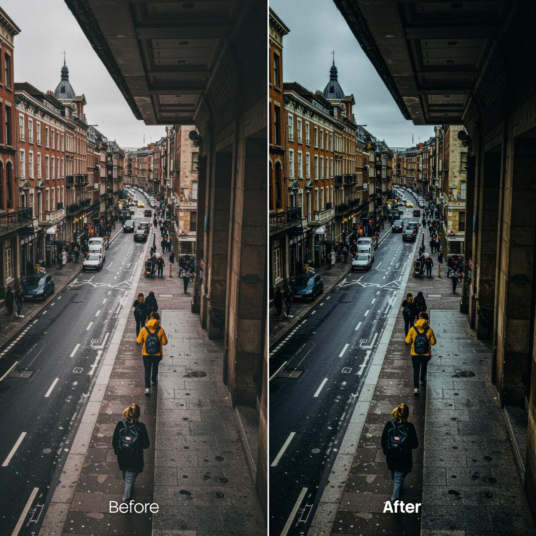 Before and after Cinematic Dark Streets Lightroom preset edit