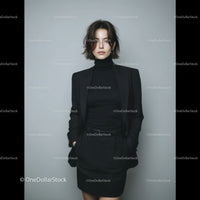 Elegant Female Model in Black Suit and Turtleneck Portrait