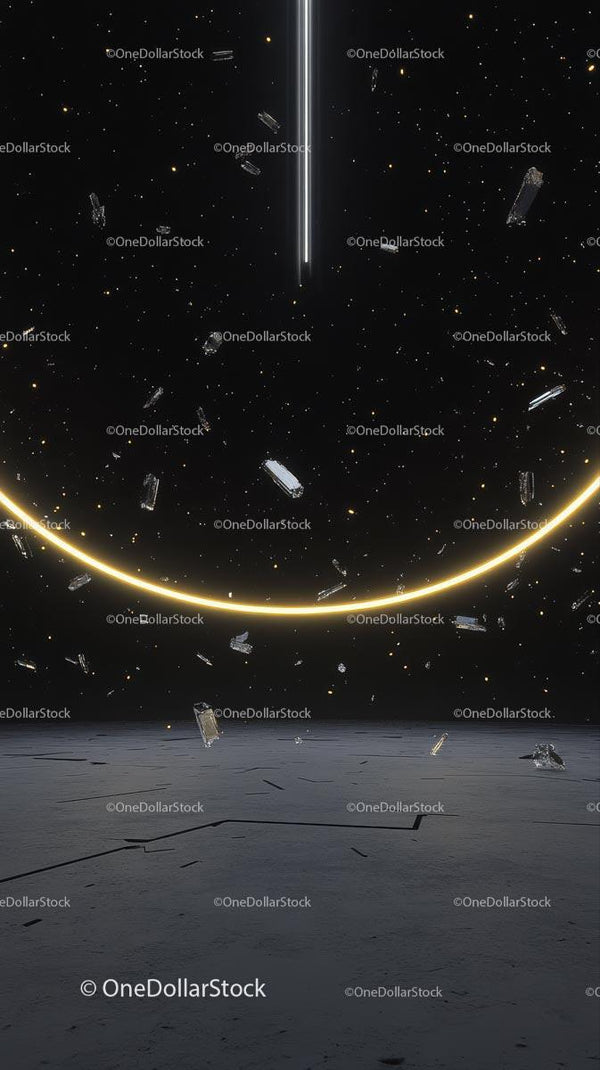 Futurystyczna scena kosmiczna z neonowym światłem i kosmicznymi odpadami