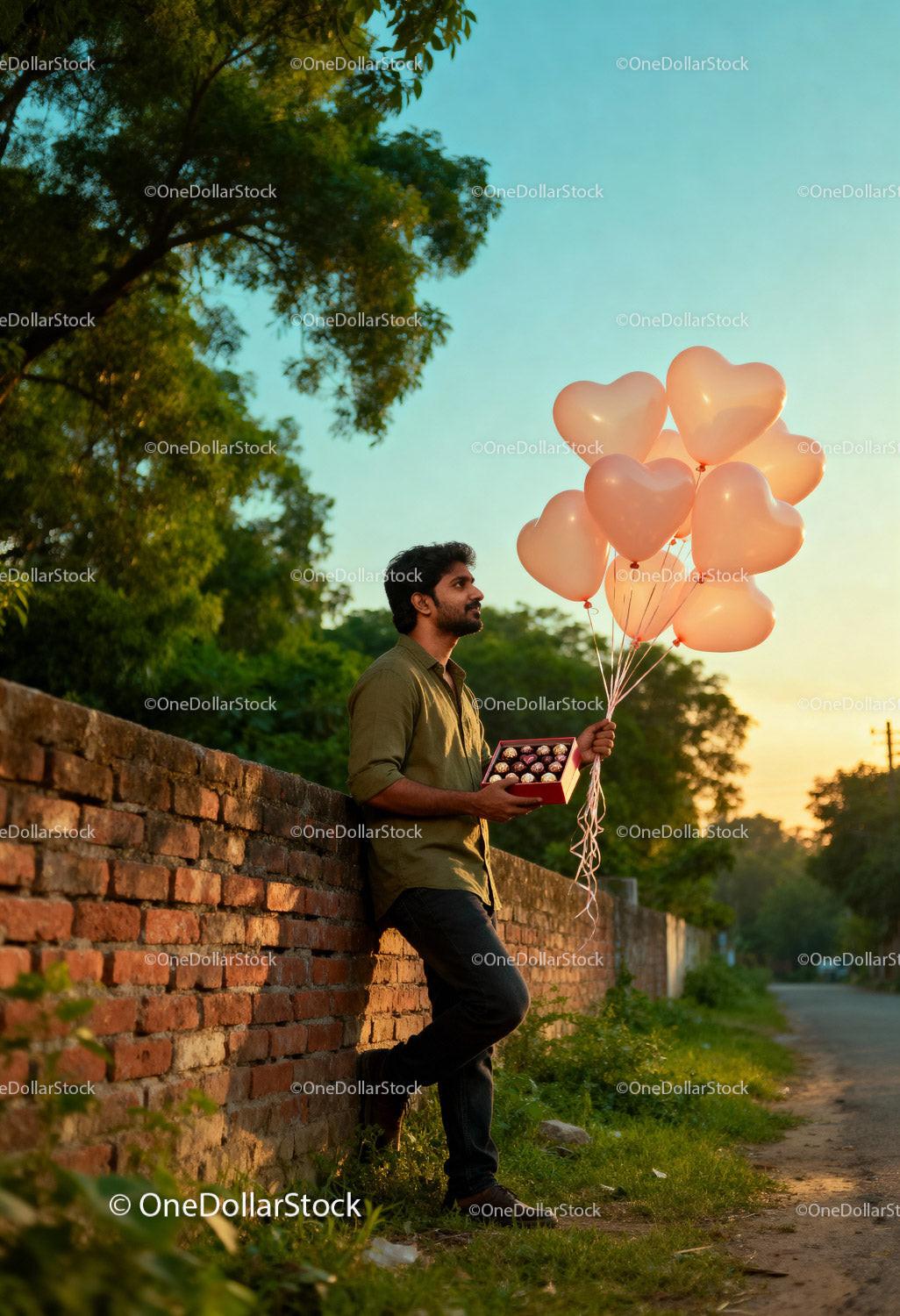 Man holding heart balloons and chocolates at sunset