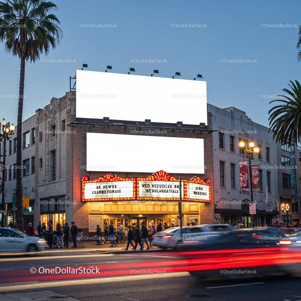 Evening activity in front of classic city theater marquee JPG Mockup Image