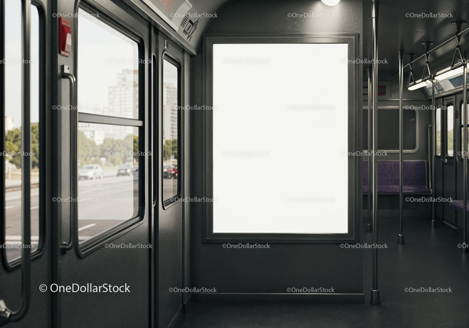 Empty modern public tram interior with blank ad panel