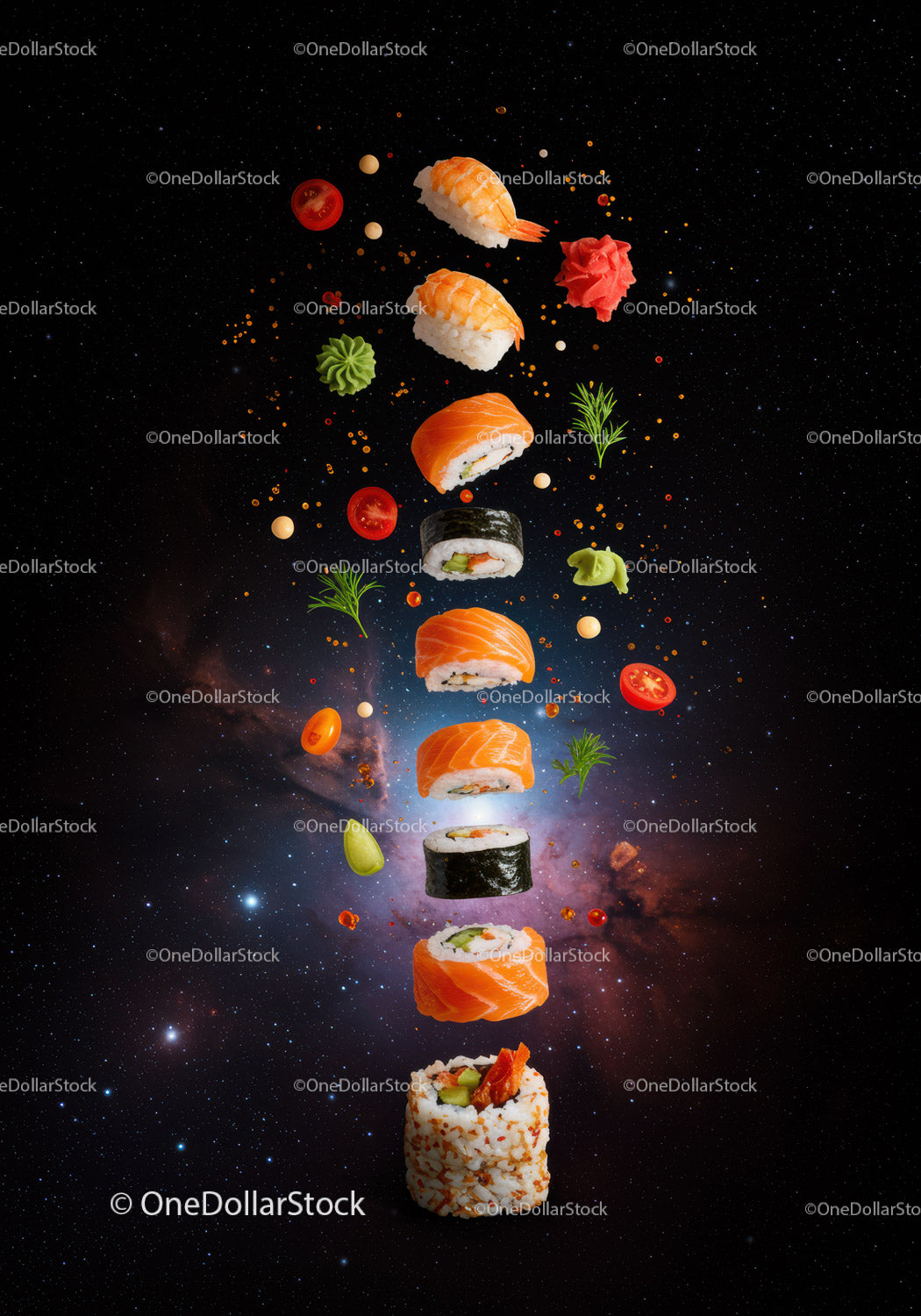Kreatywne pływające składniki sushi na tle kosmosu