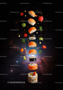 Creative Floating Sushi Ingredients with Space Background