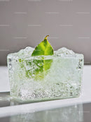 Green leaf encased in a clear ice cube closeup