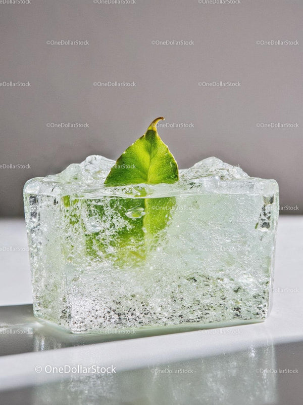 Green leaf encased in a clear ice cube closeup