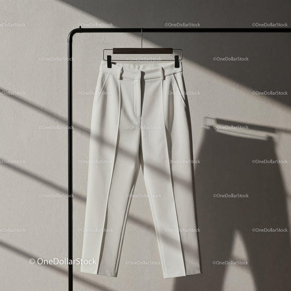 Minimalist white tailored trousers hanging on rack JPG Mockup Image