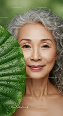 Elegant Mature Woman Smiling with Gray Hair and Green Foliage