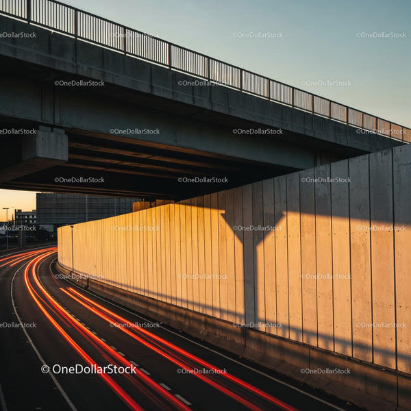 Sunset Urban Highway with Light Trails and Overpass in Cityscape JPG Mockup Image