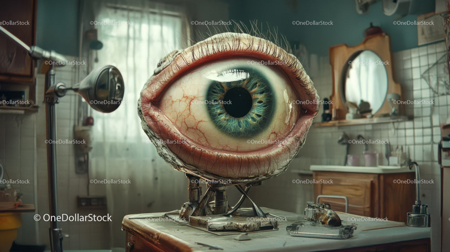 Giant Human Eye Prosthetic in Vintage Operating Room Scene