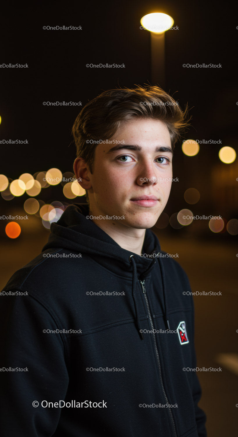 Young man standing outdoors at night with city lights
