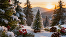 Snowy Miniature Christmas Tree with Pinecones at Sunset