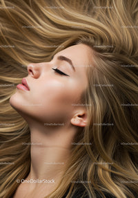 Side profile of calm young woman with flowing blonde hair